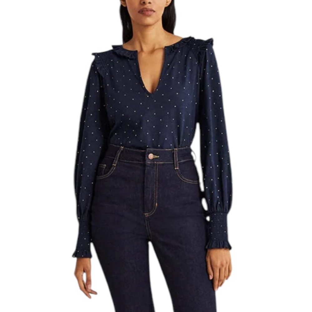 NEW BODEN Notch Neck Smocked Frill Top 8 Navy Gold Foil Dots Cotton Long Sleeve